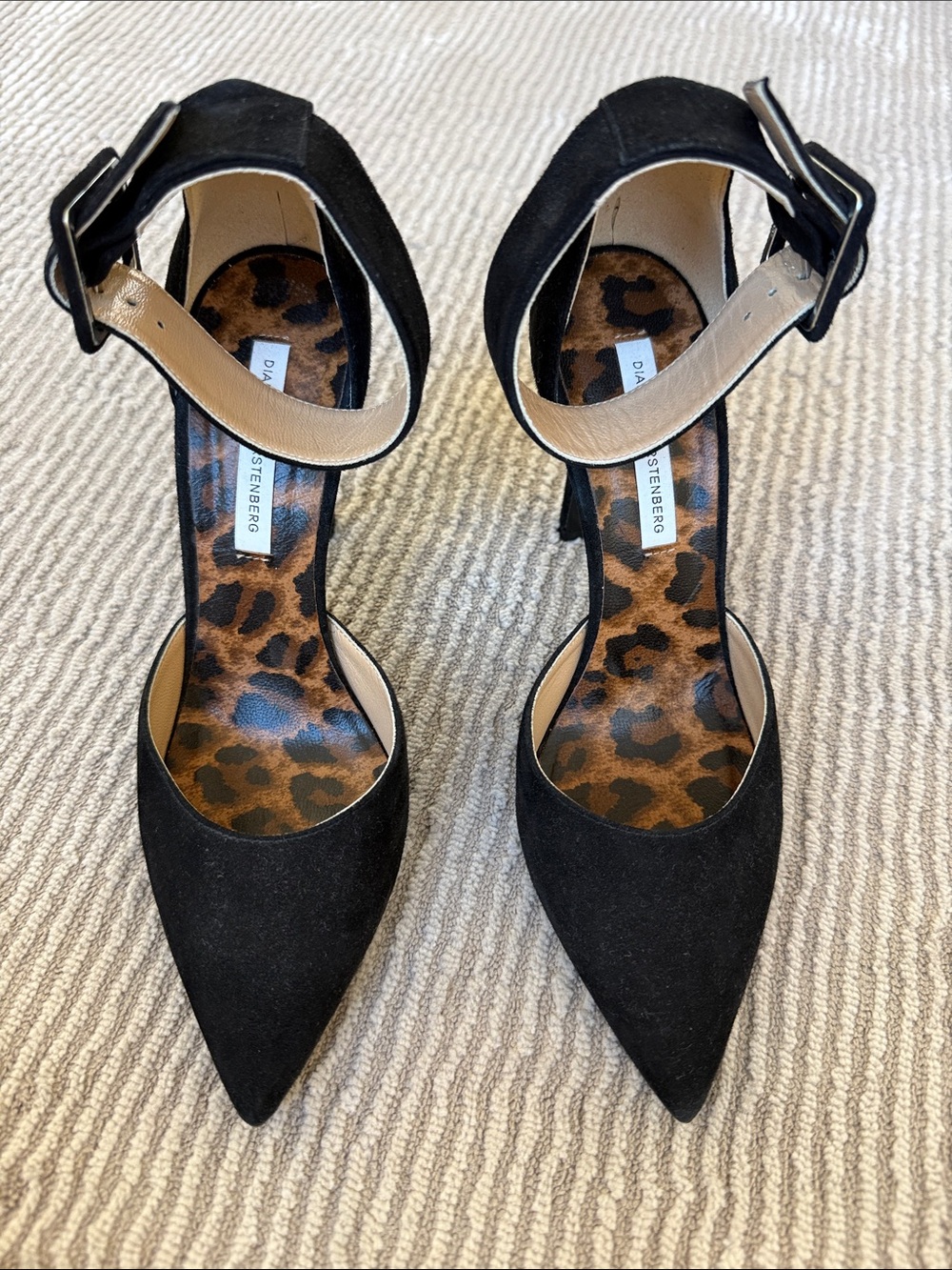 Diane Von Furstenberg Black Suede Pointed Ankle-Strap Heels with Leopard Insole